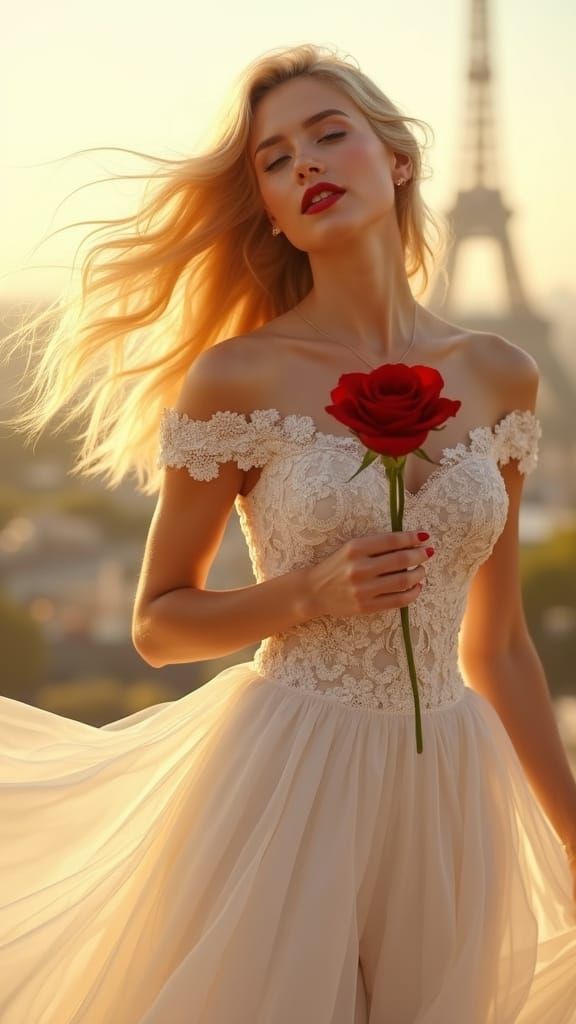 Radiant Blonde Woman with Rose in Hyperrealistic Style