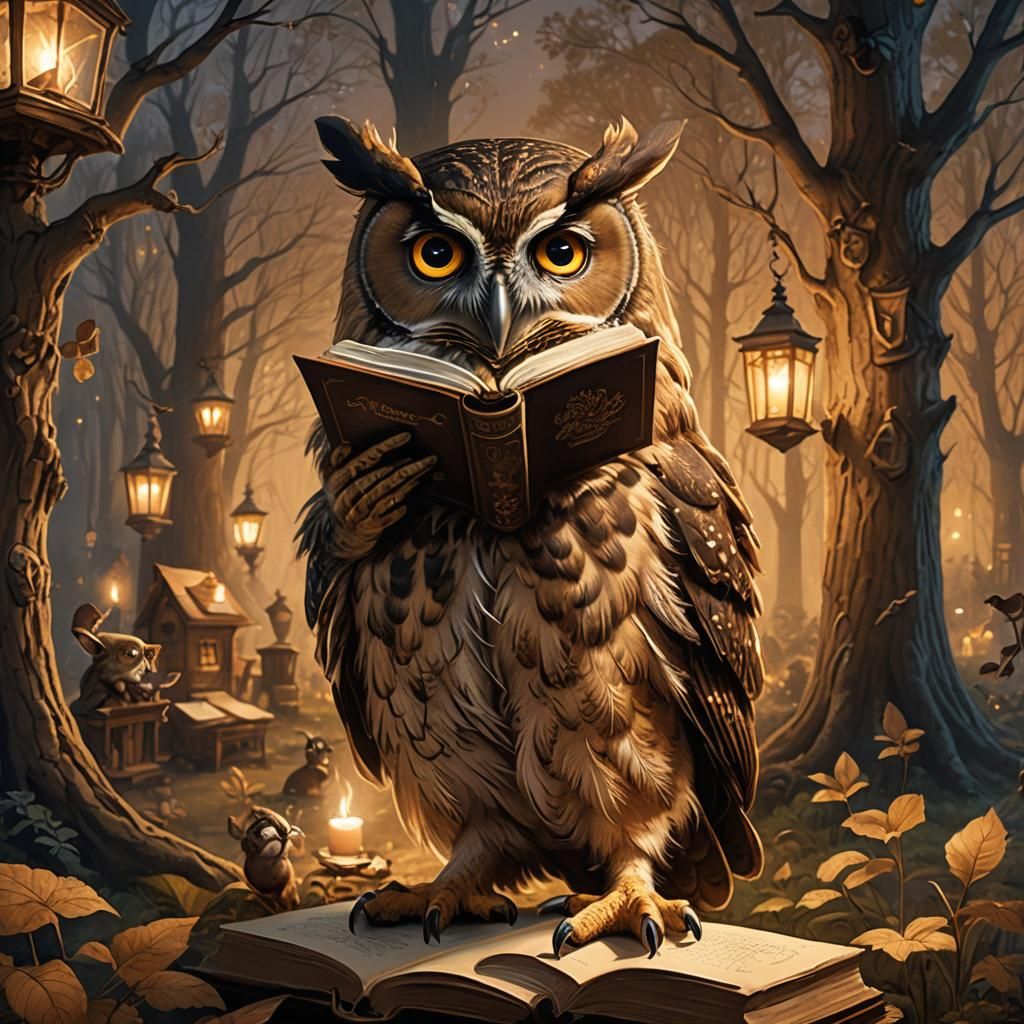 Owl with Glasses Reads to Friends