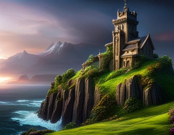 Ruined Gothic Tower on Cliffside, Dark Fantasy Art