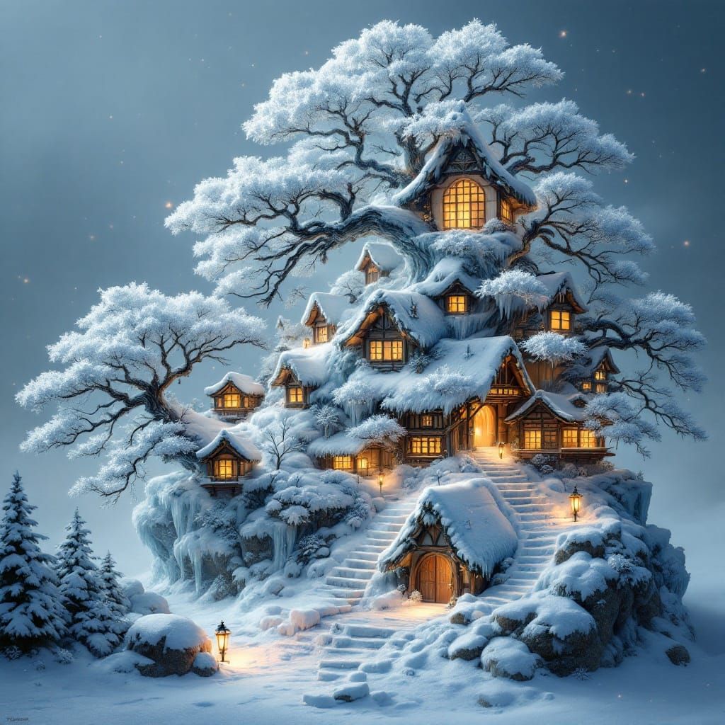 Frozen Japanese Village Bonsai Tree in Snowy Winter Landscap...