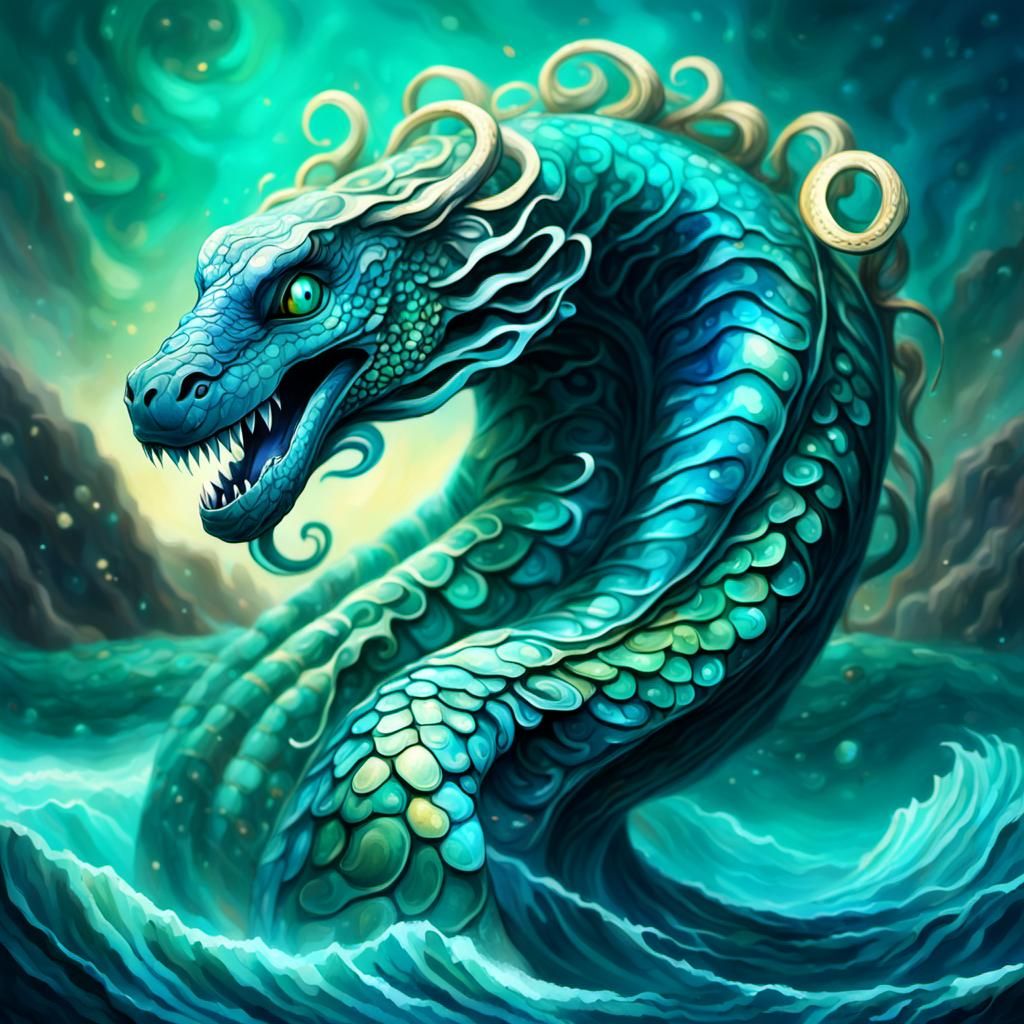 Iridescent Sea Serpent Emerges from Sunken City