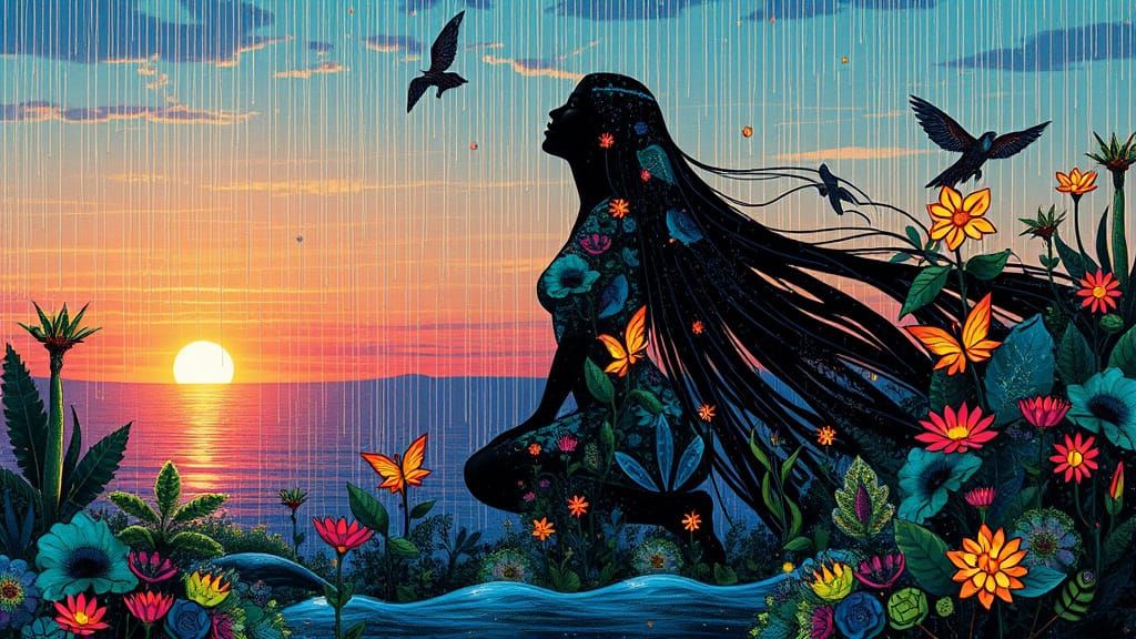 Surreal Glitch Art Scene with Kneeling Woman