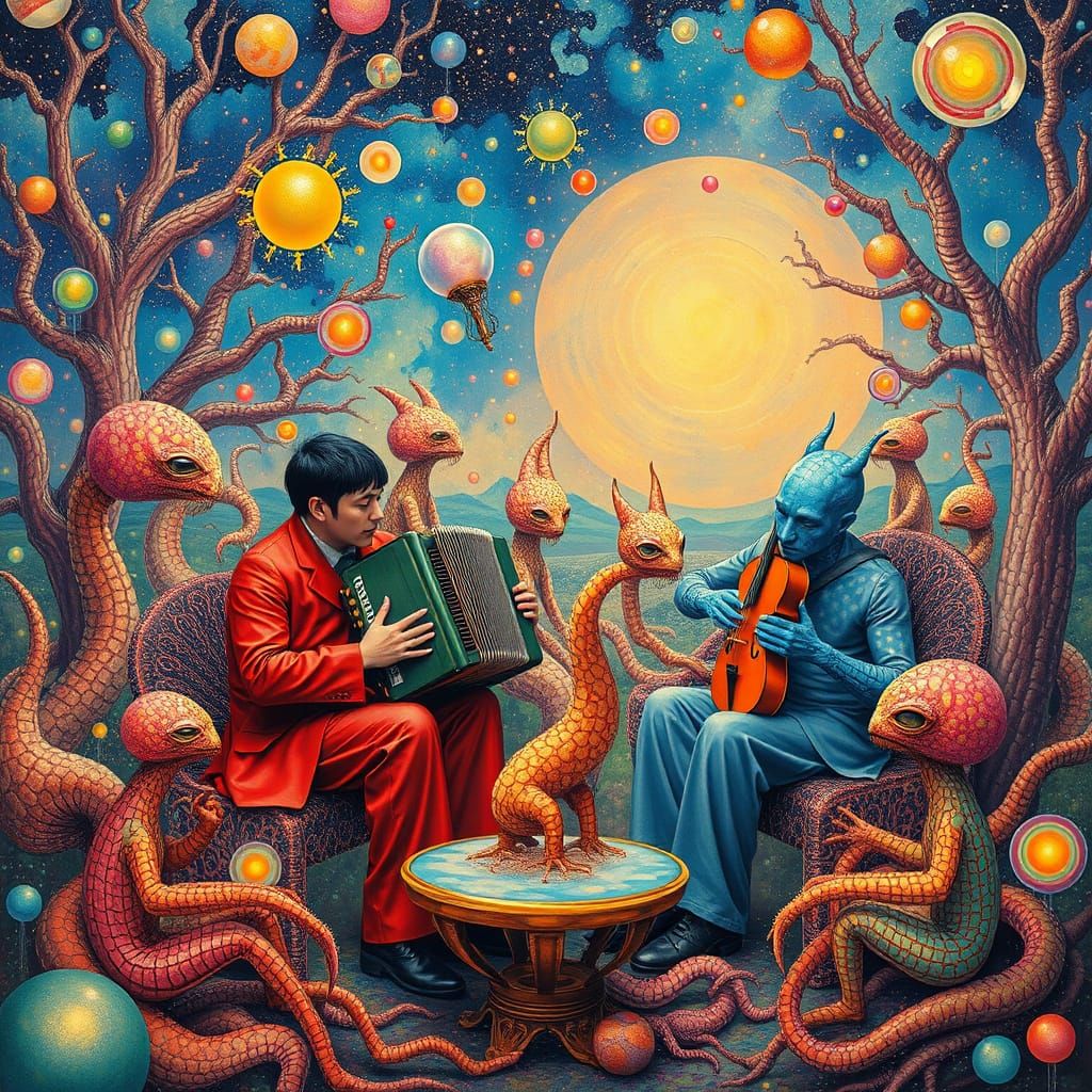 Surreal Utopia: Figures in Red and Blue