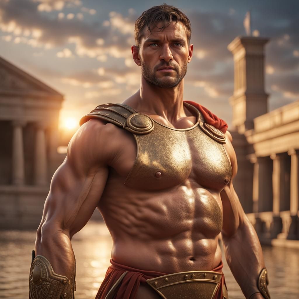 Muscular Gladiator in Golden Hour: Hyperrealistic 3D Renderi...