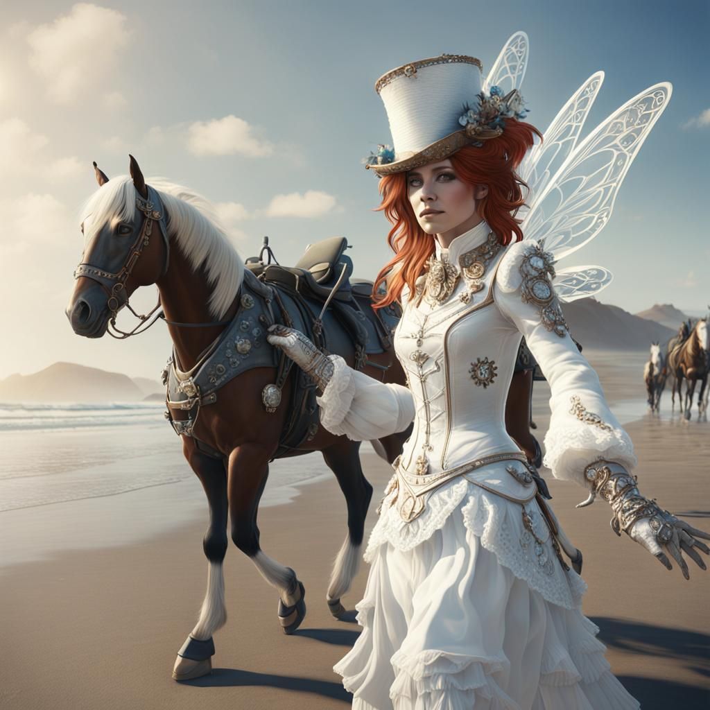 Steampunk Fairy Walks on California Beach: Hyperrealistic Po...