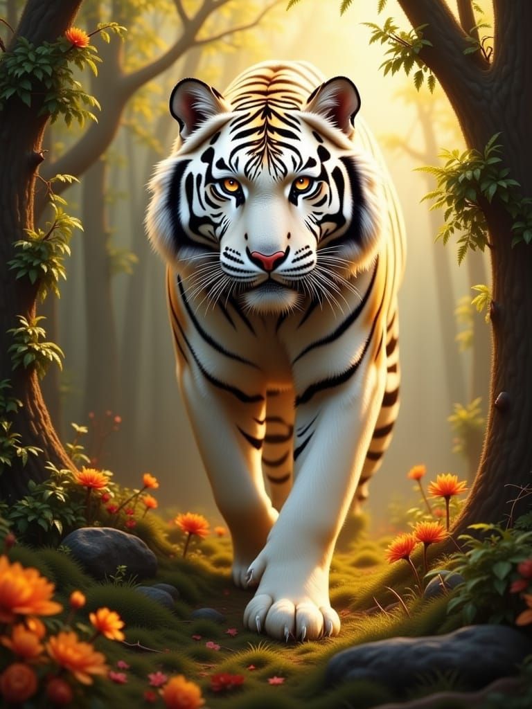 <lora:Tiger Tiger:1.0>

majestic white tiger walking through an enchanted forest, warm sunset glow on its fur, luminous ...