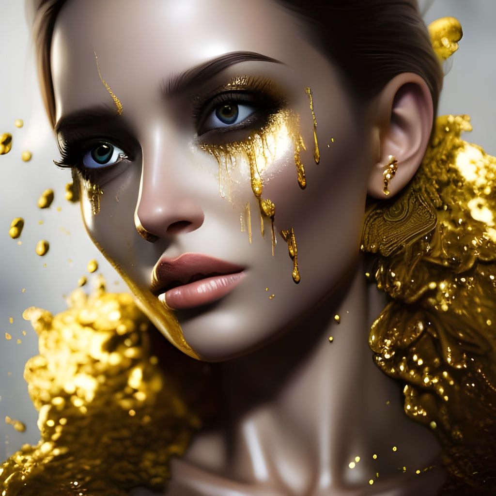 Girl with Golden Tears: Hyperrealistic Digital Portrait