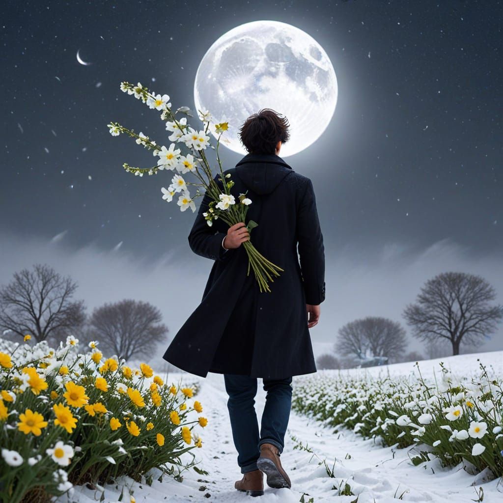 Ethereal Men's Return in a Winter Wonderland Scene