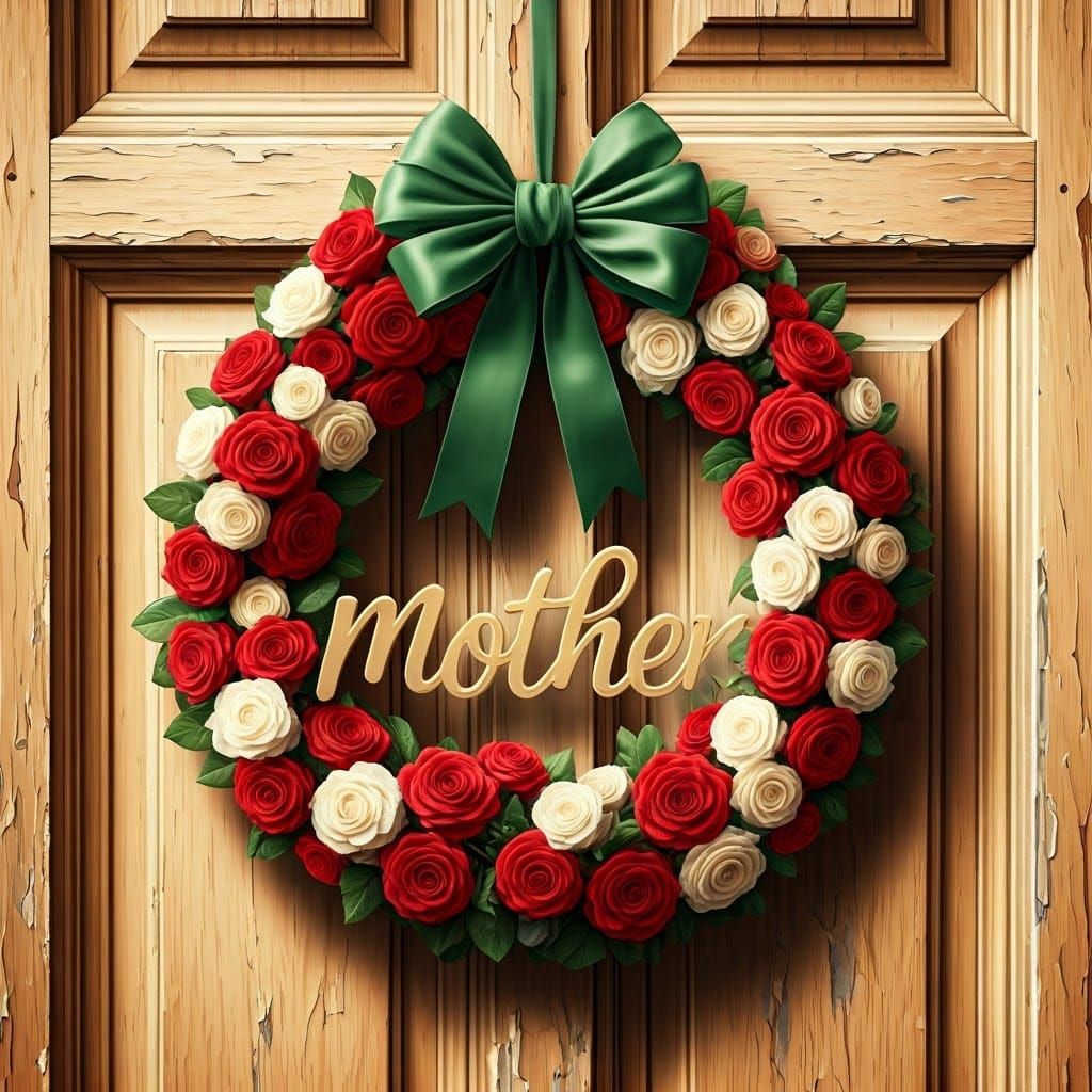 Vintage Rose Wreath Adorned with Golden Script and Satin Bow