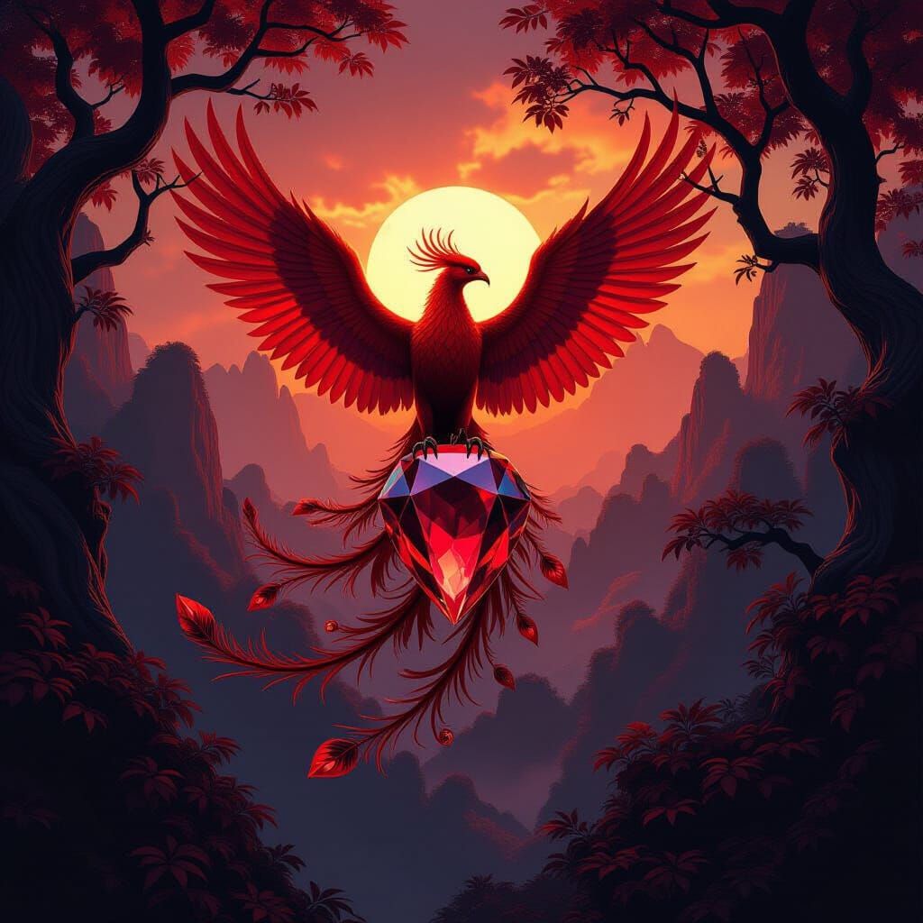 Majestic Phoenix Rises with Garnet in Dark Fantasy Landscape