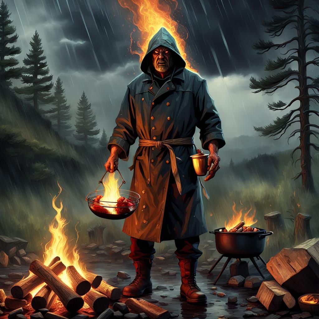 Campfire Cooking in Thunderstorm: 3D Rendered Scene