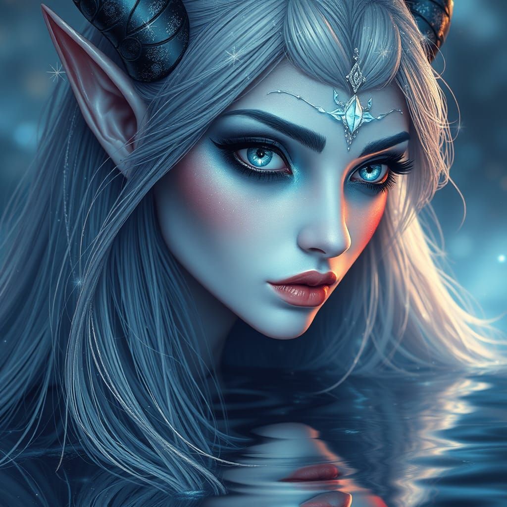 Ethereal Tiefling Lady Gazing into Reflection, Dreamlike Art