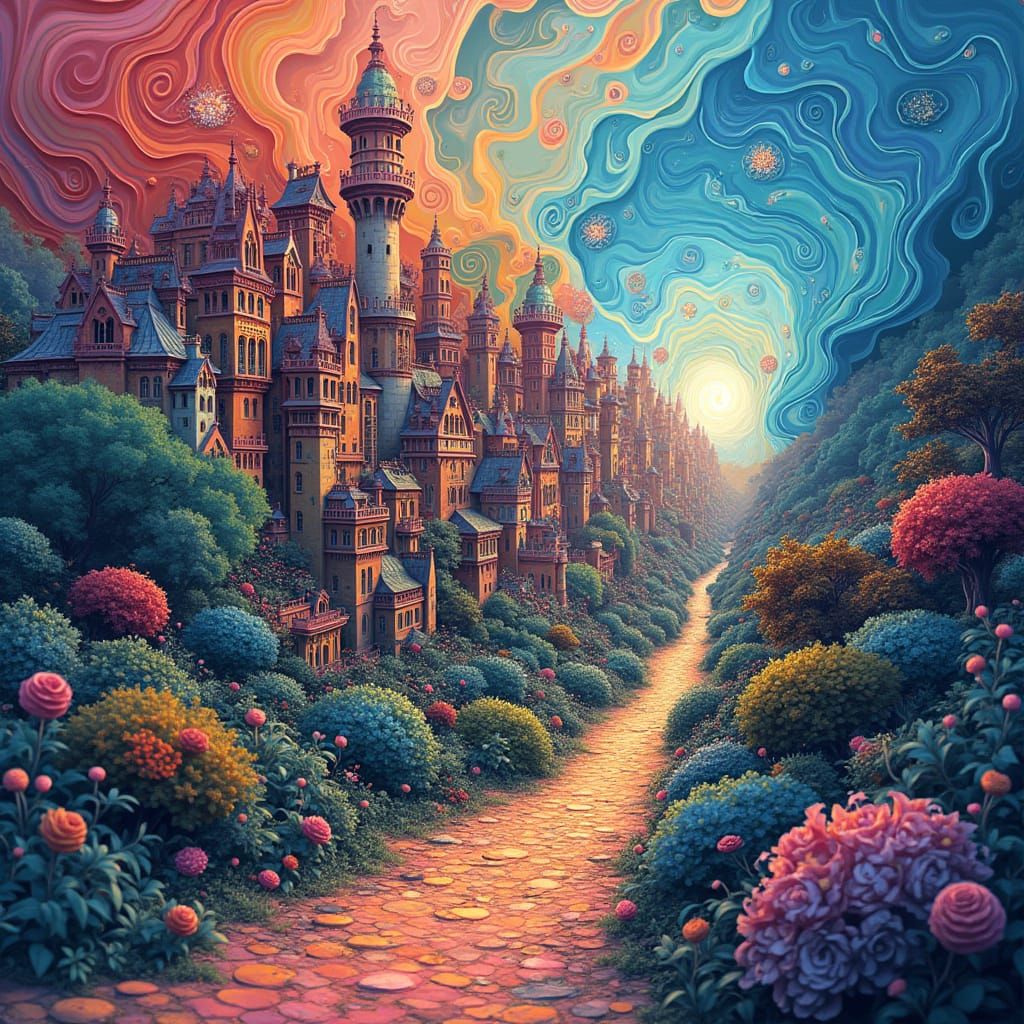 Vibrant Abstract Town Evaporating into Swirling Sky