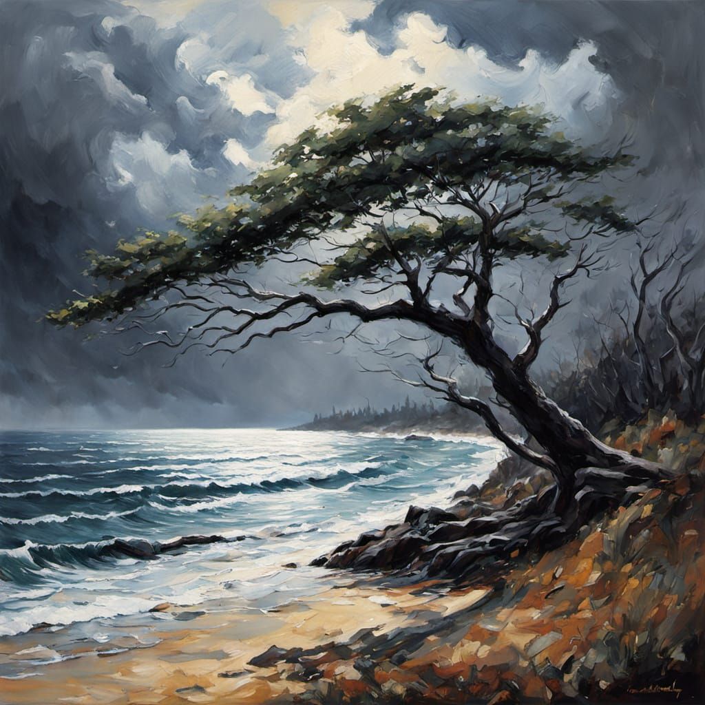 Dramatic Coastal Trees as Oil Painting
