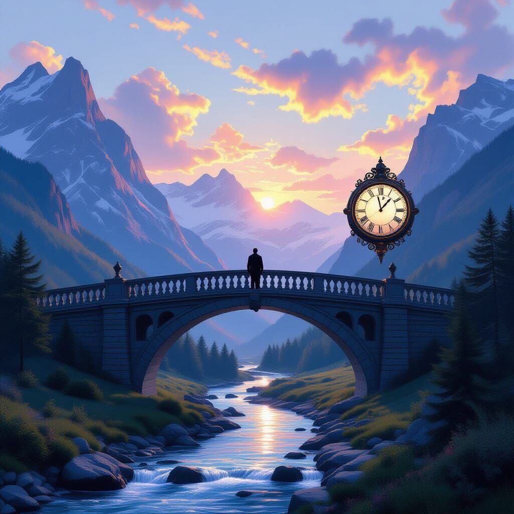 Man on Alpine Bridge at Sunset, Matte Painting