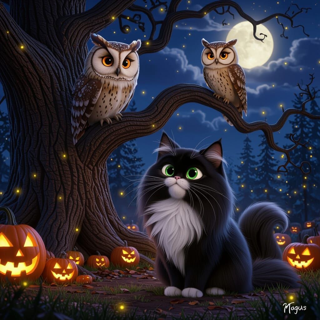 Pixar Style Cat and Owl in Magical Halloween Forest