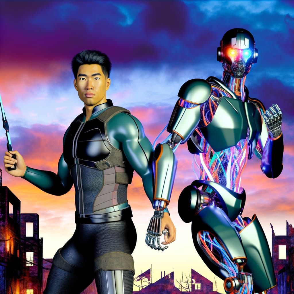 Human and Android Guardians of Futuristic City at Dusk