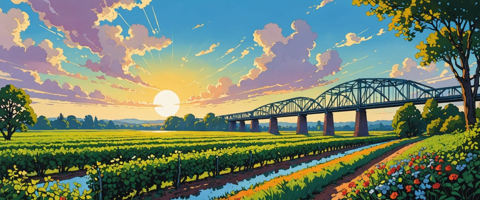 Watercolor Iron Bridge with Vines and Flowers