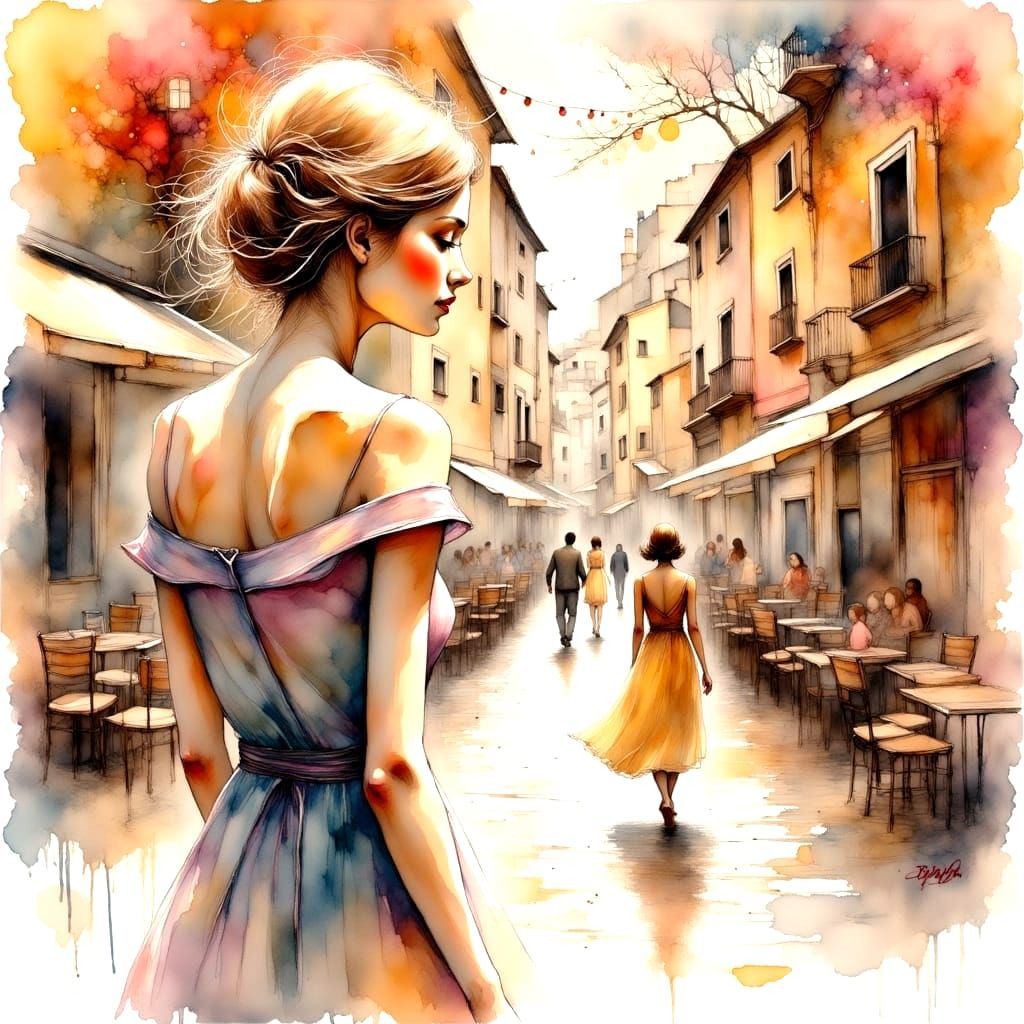 Romantic Watercolor Portrait in Ink