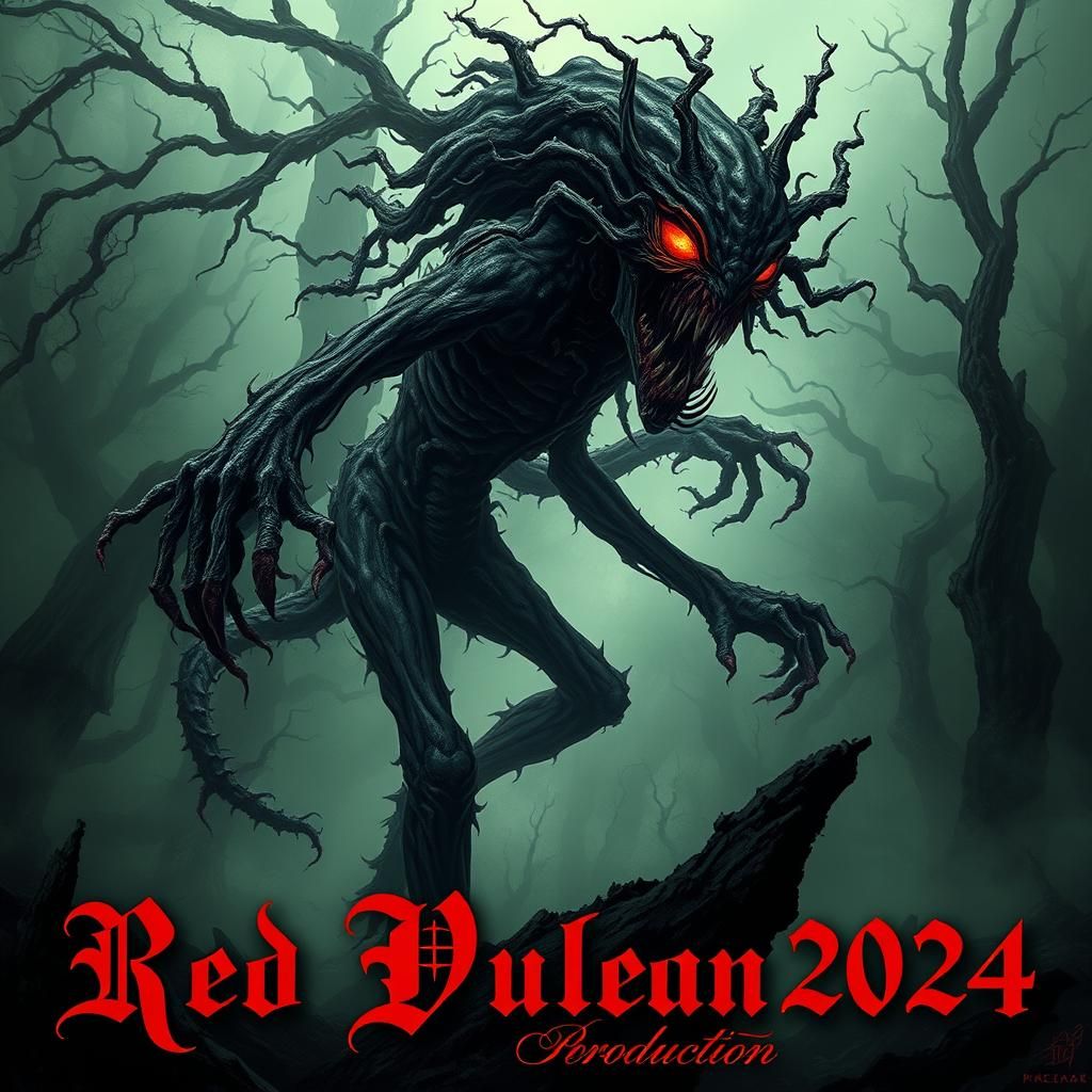 A menacing, gnarled, tree-like alien with razor-sharp branches, twisted roots, and piercing, red, bioluminescent eyes, u...
