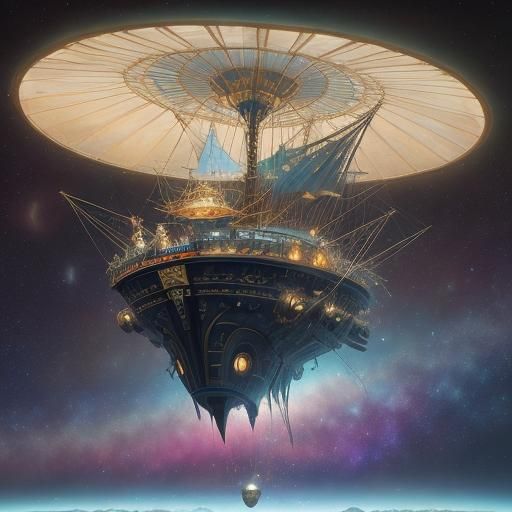 Surreal Spaceship Orbiting in Dreamy Cosmic Light