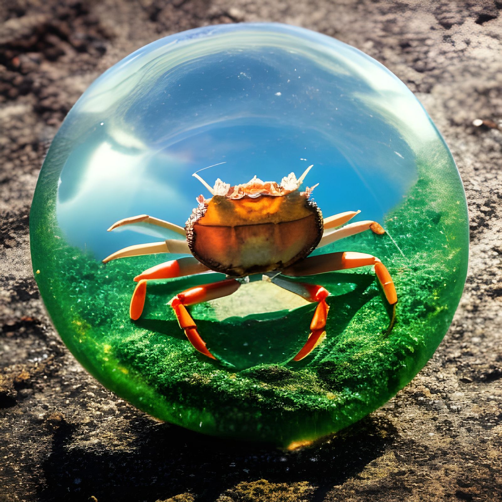 Crab in a Bubble: A Surreal Sea Life Scene