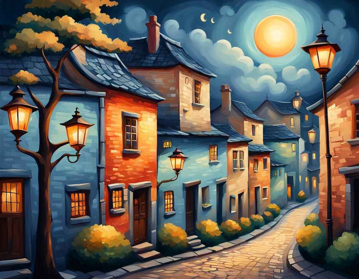 Charming City Street Scene in Naive Art Style