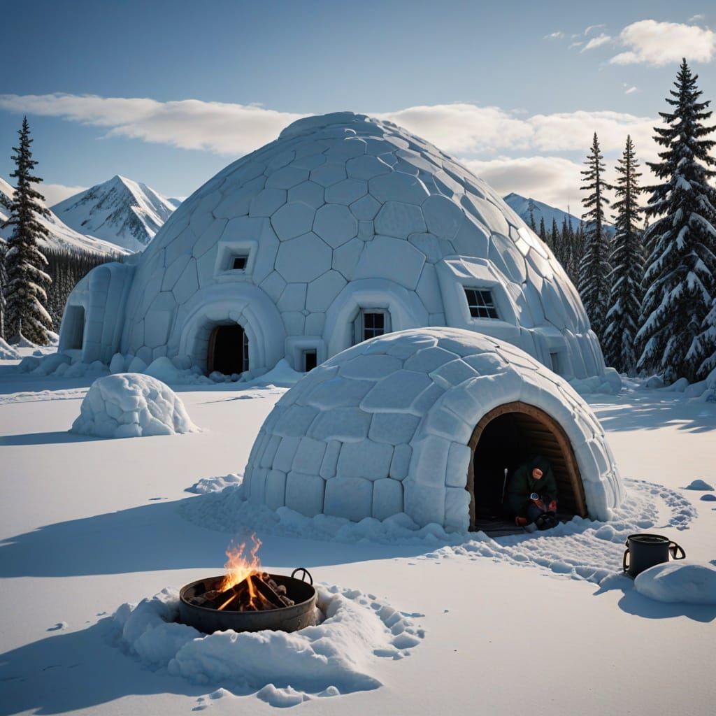 Alaskan Igloo Village at Sunset on Frozen Lake