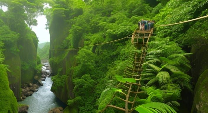 Breathtakingly Precarious Rope Bridge, rewoven each year by the 2 villages it connects (really happens!)
