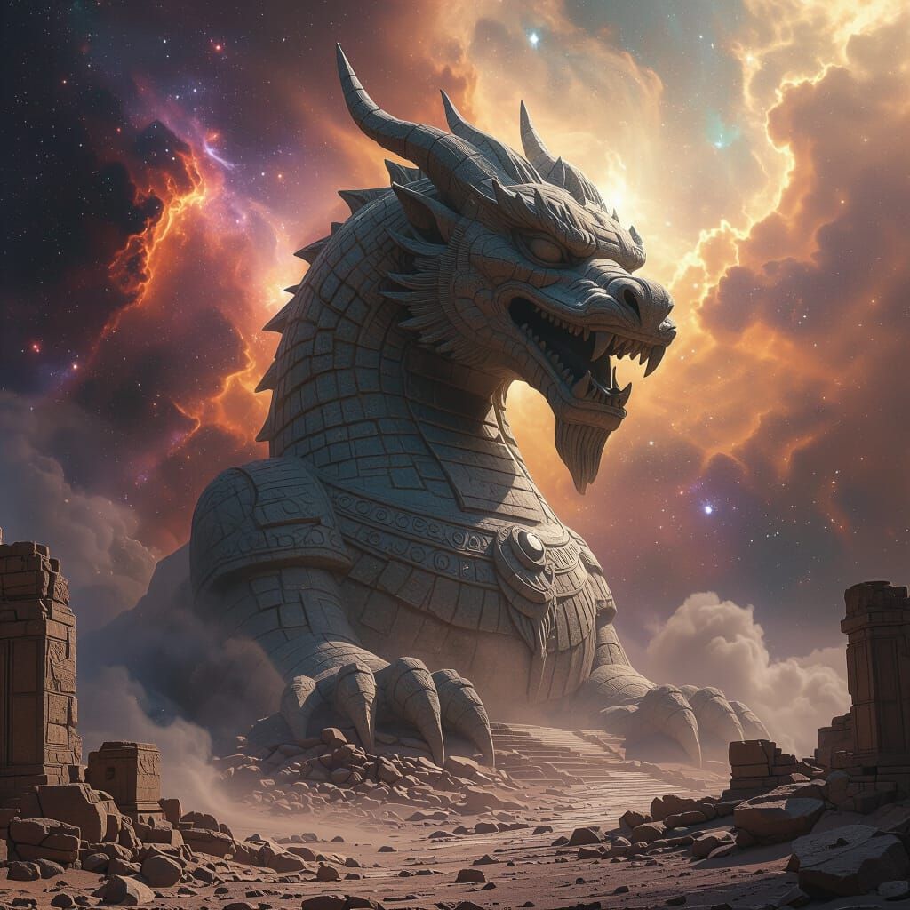 Ancient Stone Dragon Statue in Cosmic Nebula