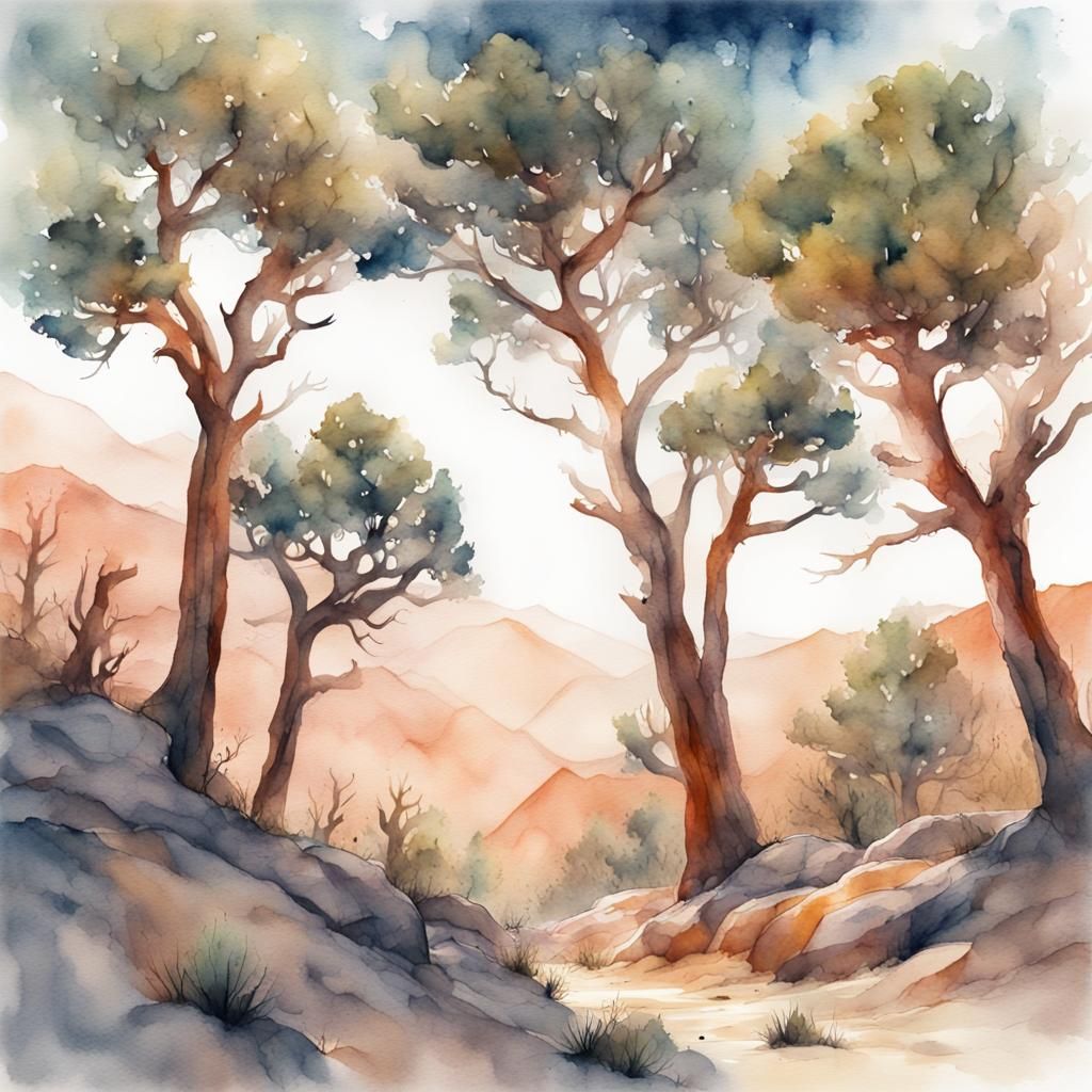 Pinyon  Forest, Watercolor Illustration , Wet in Wet Waterco...