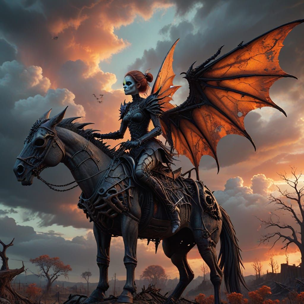 Gothic Fairy Rides Skeletal Warhorse in Apocalypse