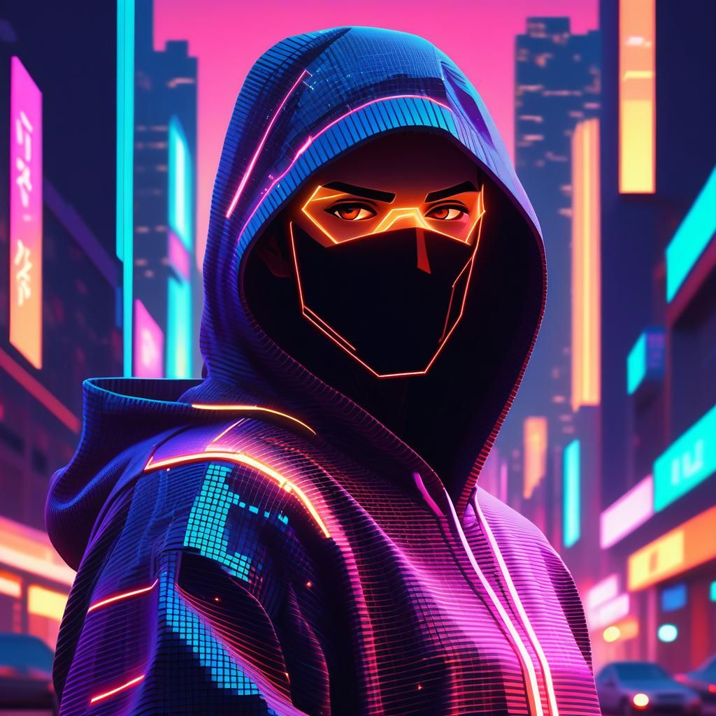 Synthwave Pixel Art: Hooded Figure in Cityscape