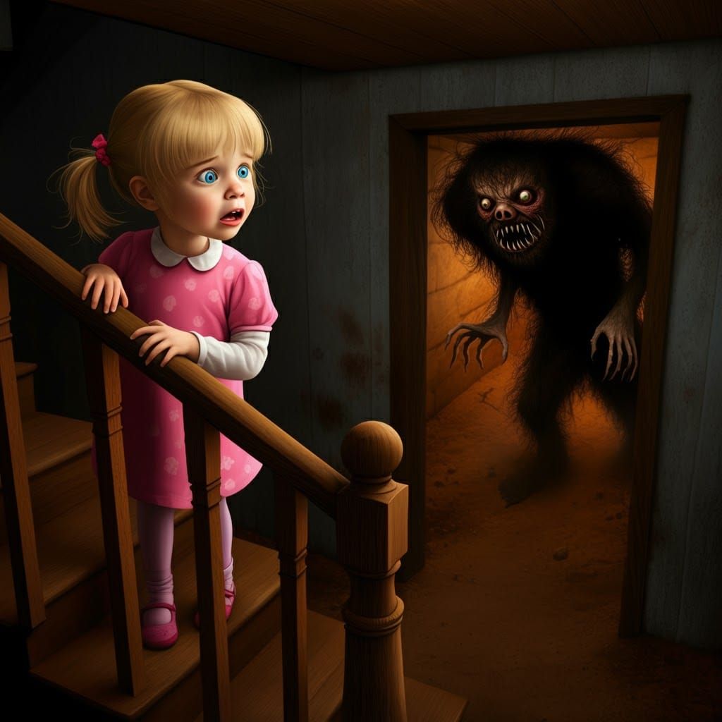Girl Confronts Basement Monster in Dimly Lit Scene