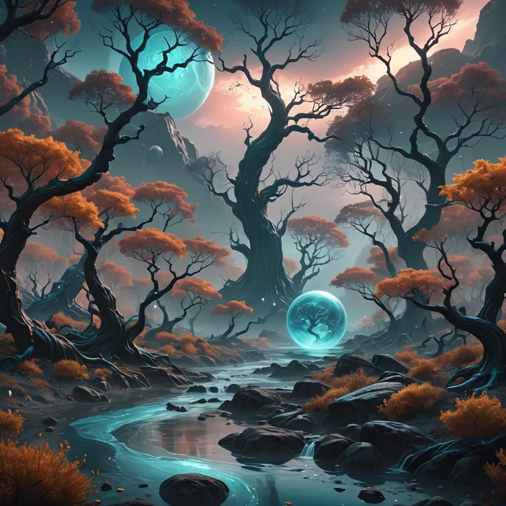 Surreal Uranus Landscape with Flowing Trees: Digital Art