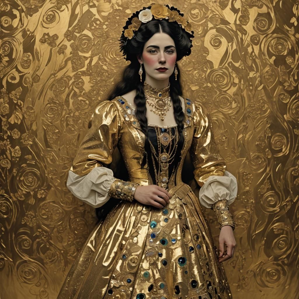 Dance-Hall Girl in Klimt-Inspired Gold Rush Portrait