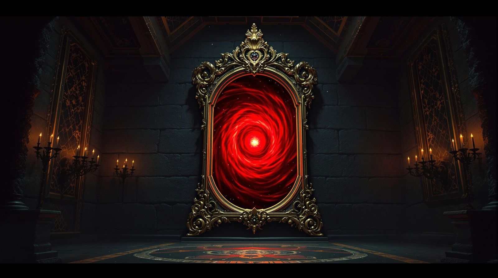 Ornate Castle Room with Mystical Vortex Mirror