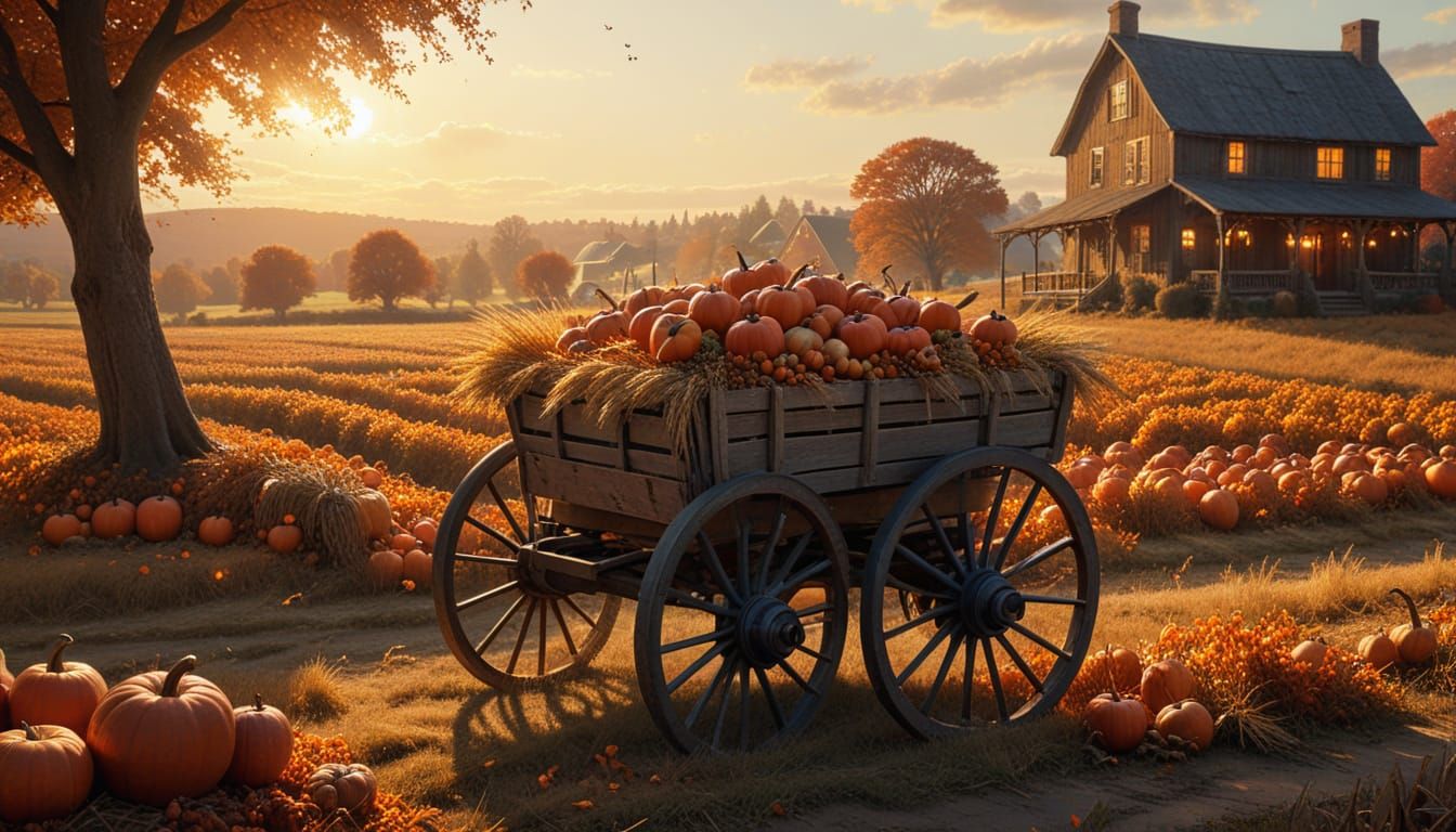 Golden Autumn Harvest Landscape with Farmhouse