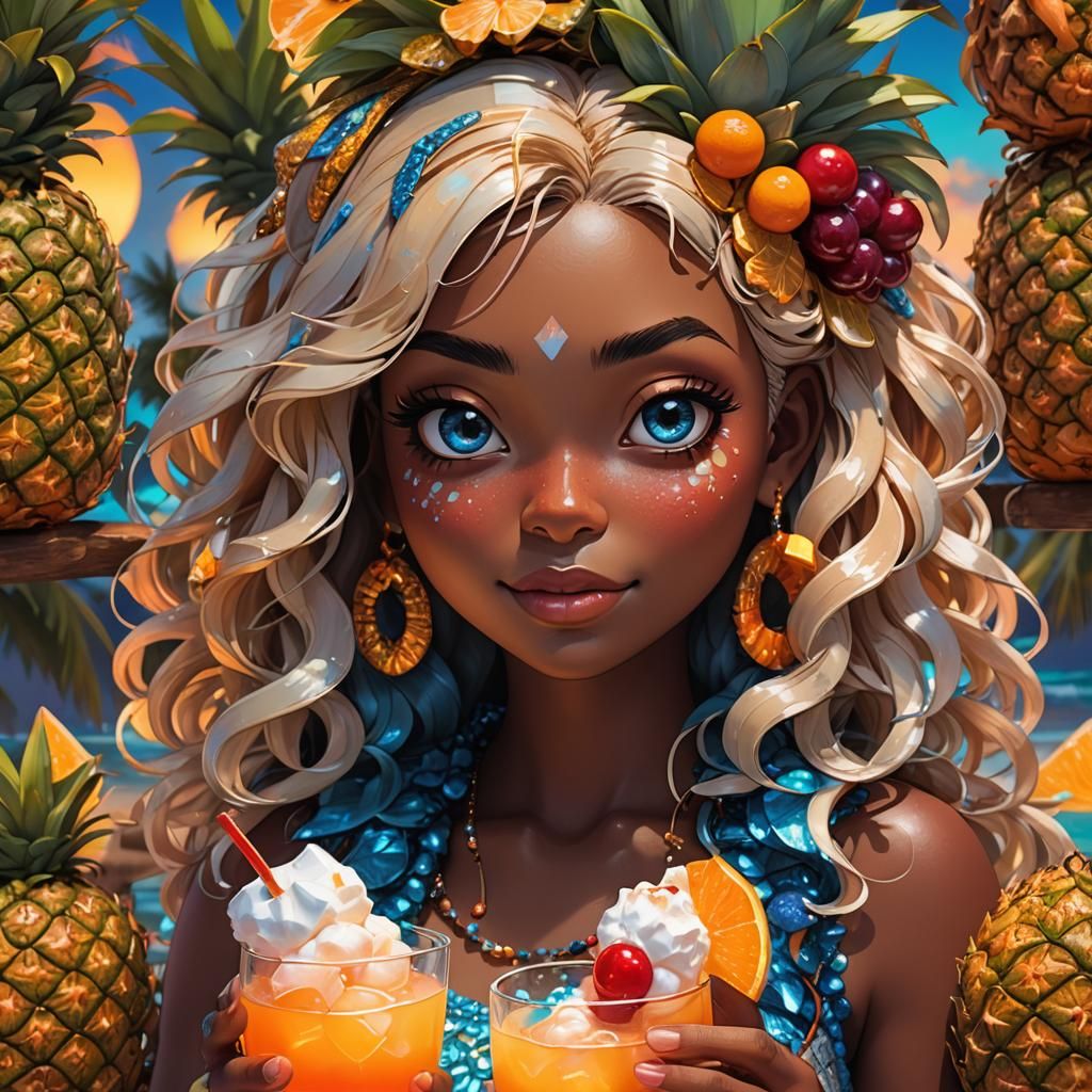 Menehune Girl with Sparkling Cocktail: 3D Anime Art