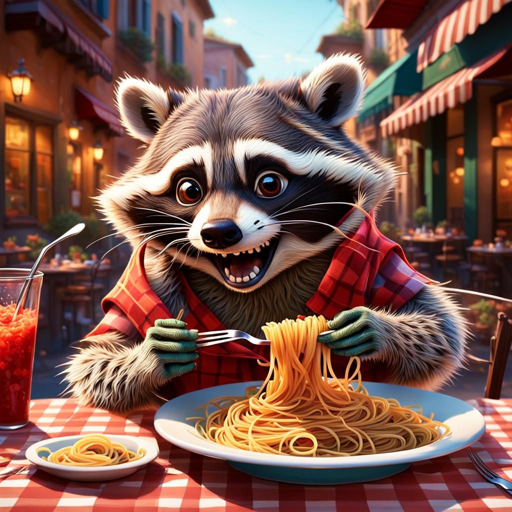 Raccoon Slurping Spaghetti in Pixar Animation Style