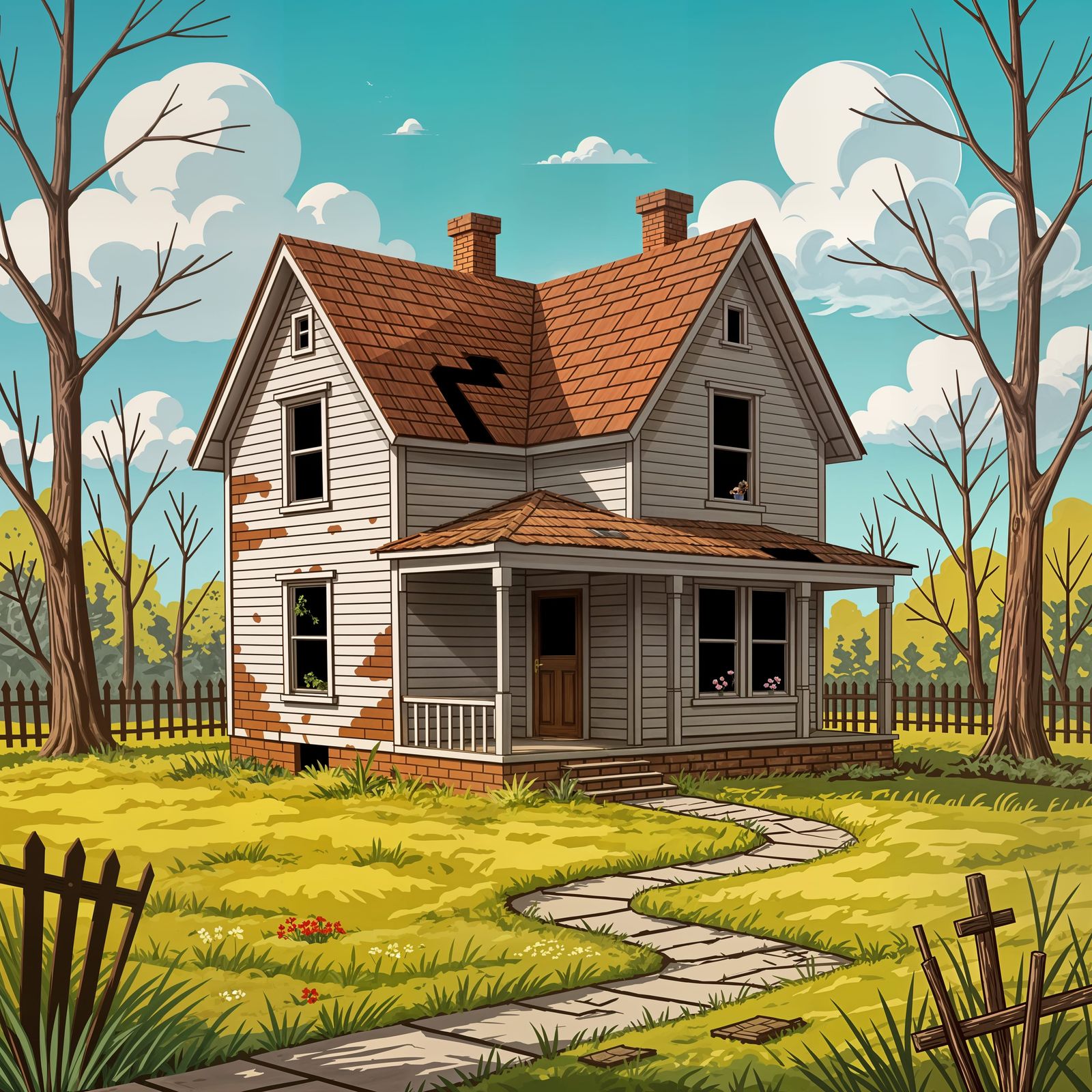 Sad House in Empty Garden Caricature