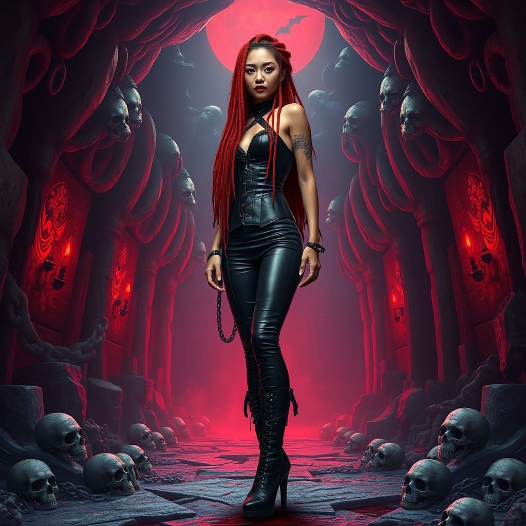 Dark Surrealist Asian Woman in Crypt Cave with Red Dreadlock...