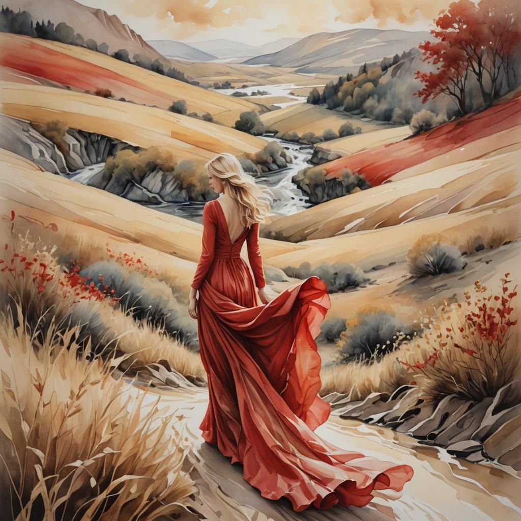 Blonde Woman in Red Dress: Watercolour Art