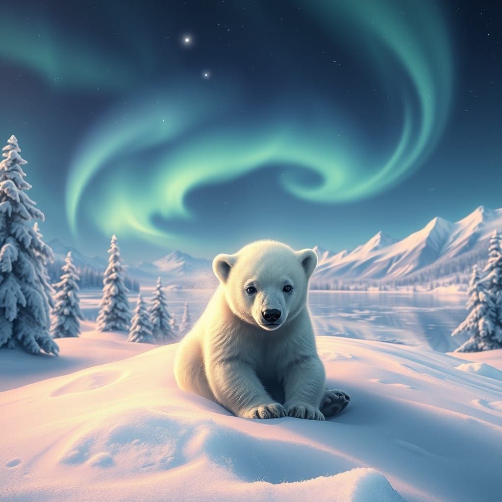 Surreal Polar Bear Basks in Northern Lights Wonderland