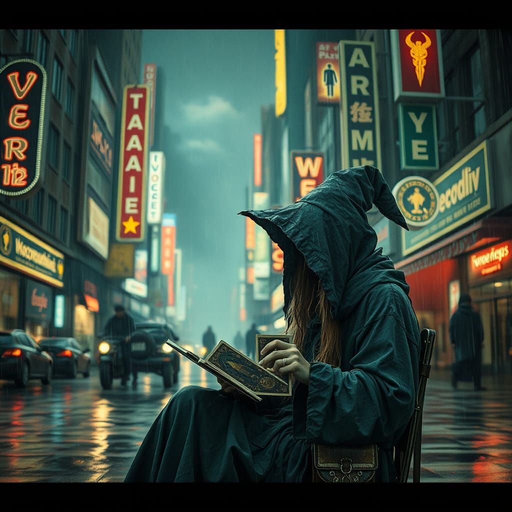 Witch Reads Tarot in Moody Cyberpunk Cityscape