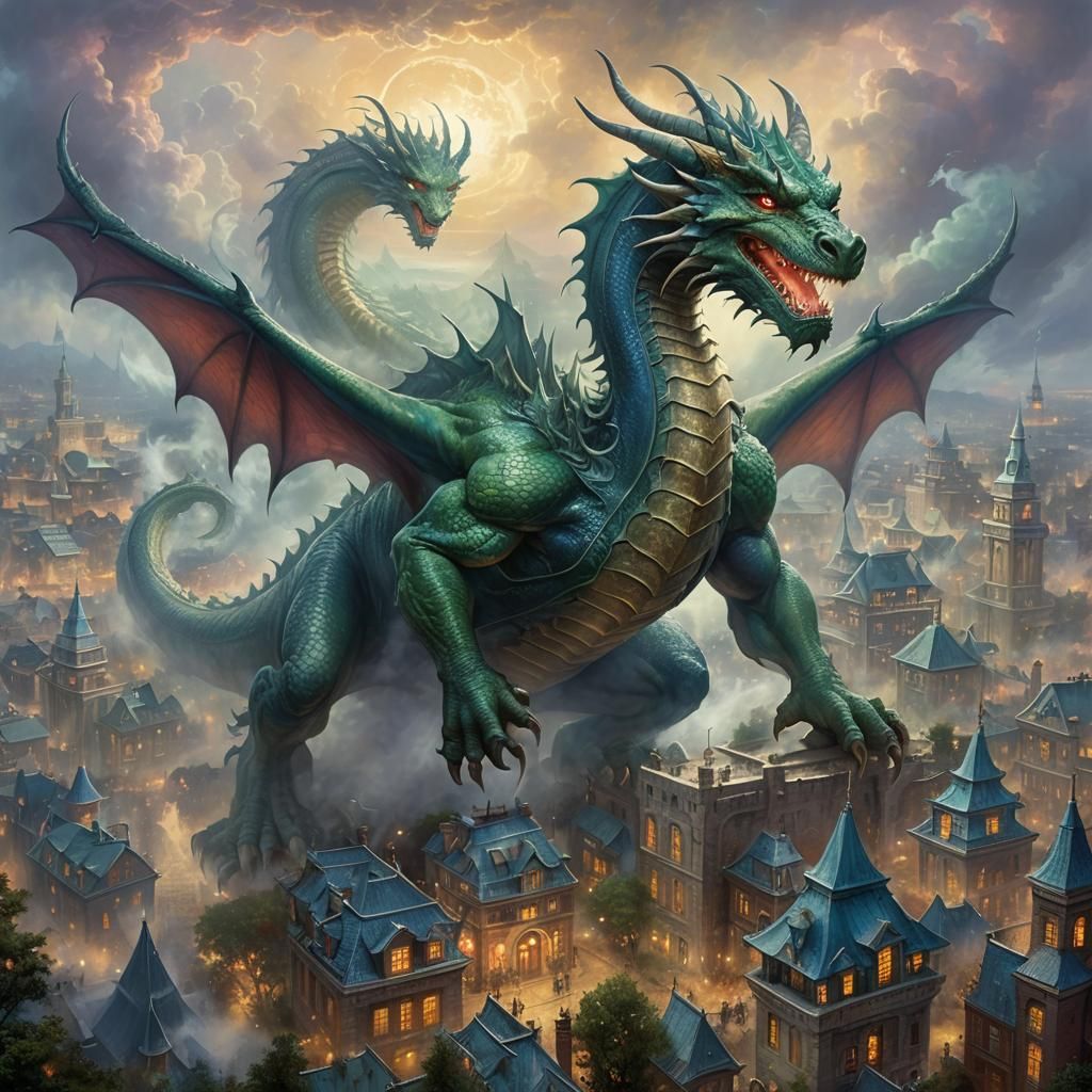 Ethereal Dragon Over City, Hyperdetailed Fantasy Art