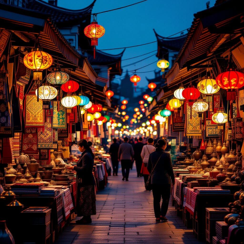Ancient City Night Market Scene with Lanterns