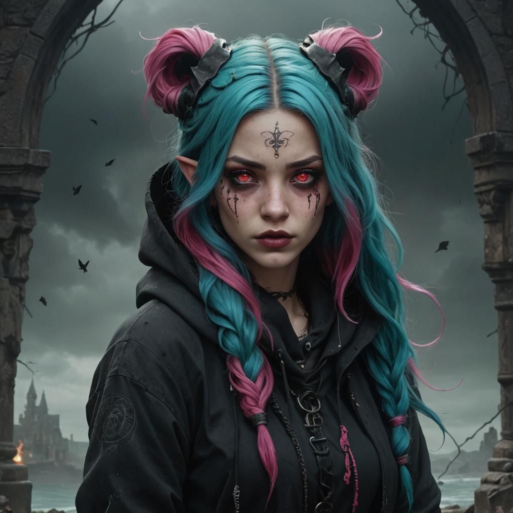 Gothic Rogue with Cyan Hair: Digital Matte Painting