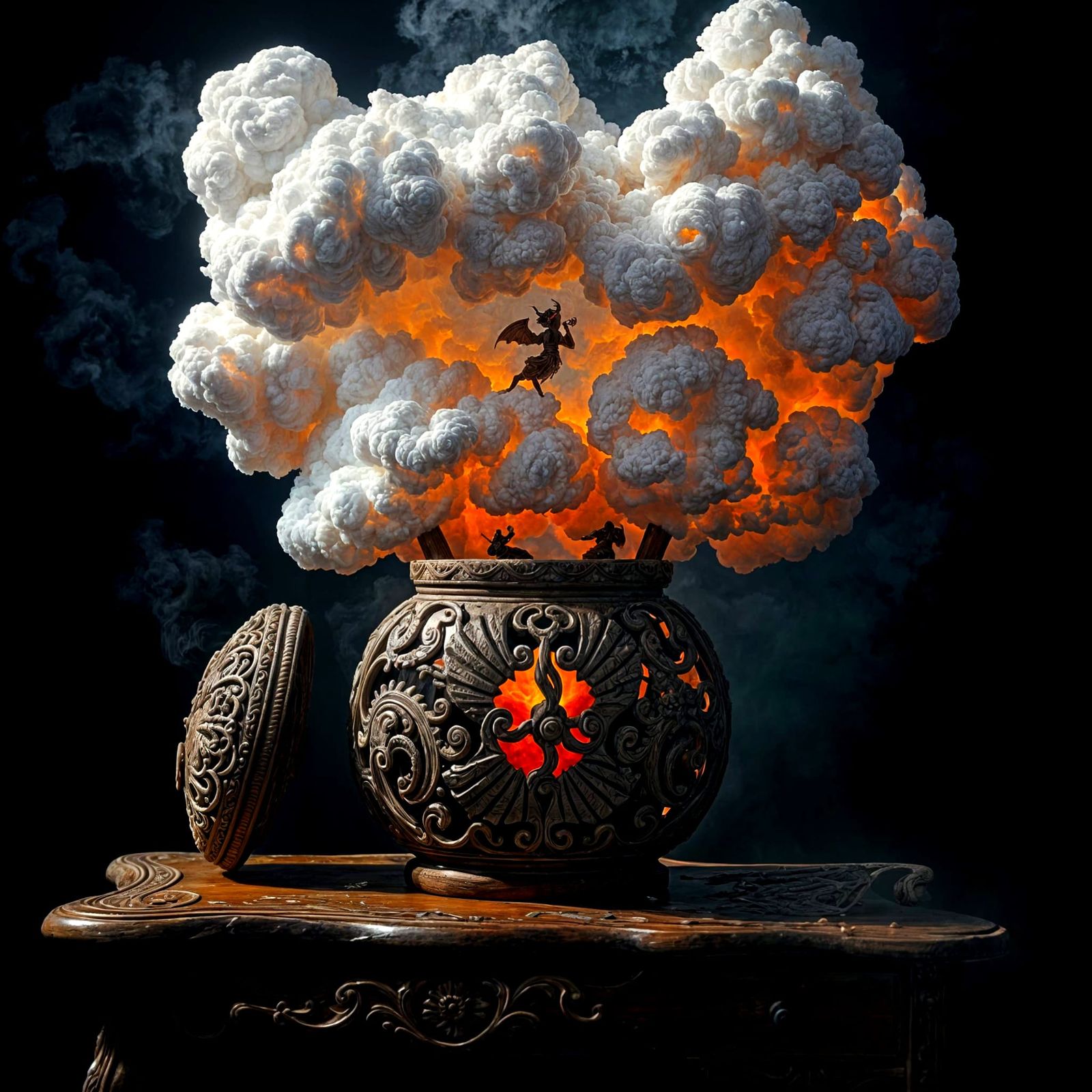 Multicolor Whisky Demons Erupt from Wooden Jar in Cinematic....