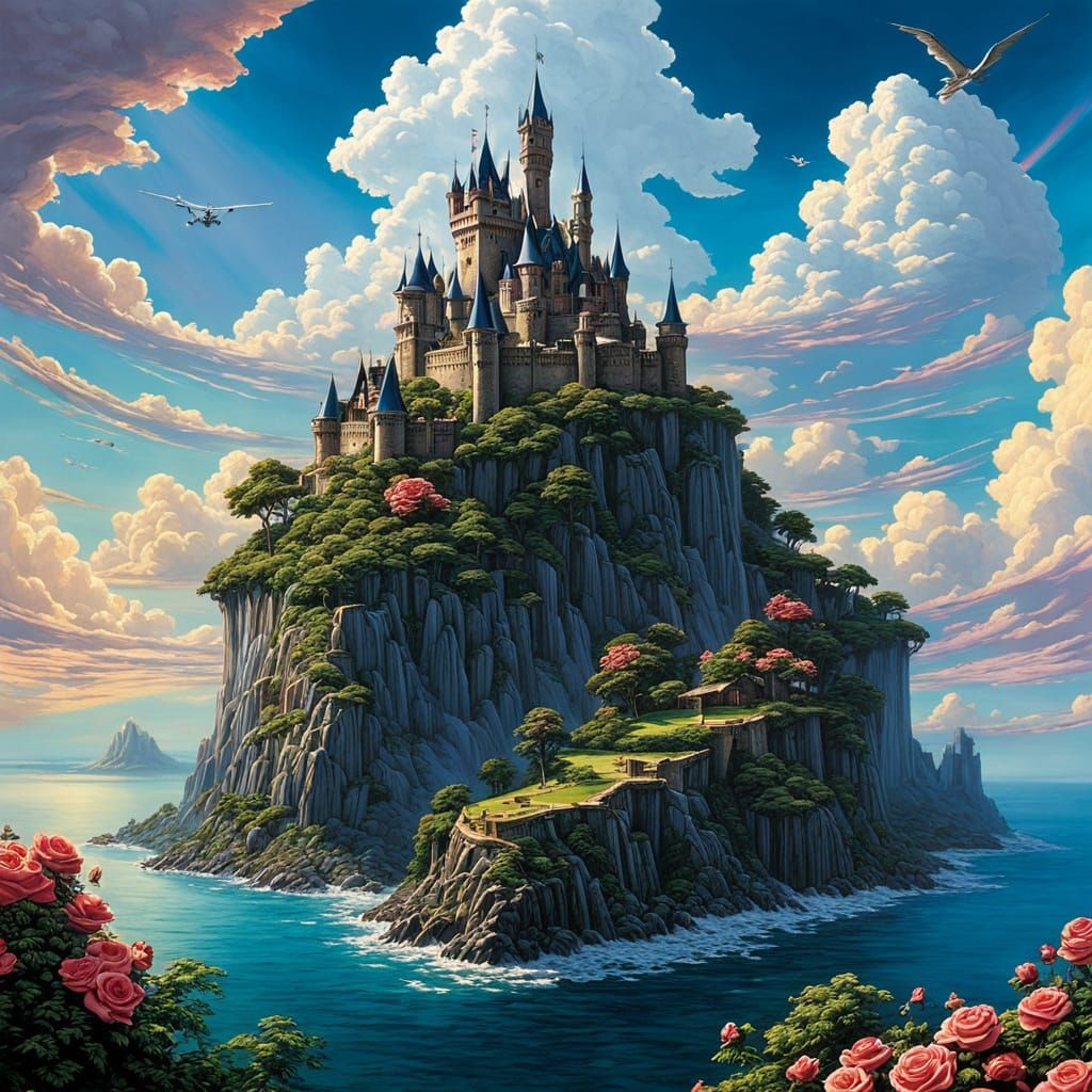 Flying Island Castle with Roses in Detailed Style